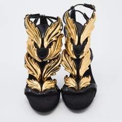 Pre Owned Giuseppe Zanotti Black Patent Leather And Suede Argent Metal Wing Embellished Strappy Sandals Size 38