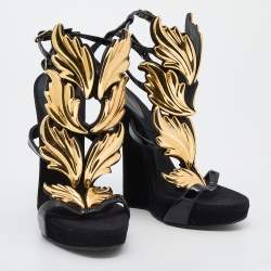 Pre Owned Giuseppe Zanotti Black Patent Leather And Suede Argent Metal Wing Embellished Strappy Sandals Size 38