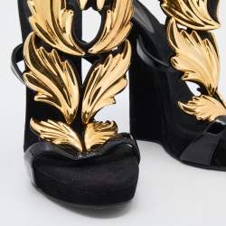 Pre Owned Giuseppe Zanotti Black Patent Leather And Suede Argent Metal Wing Embellished Strappy Sandals Size 38