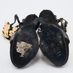Pre Owned Giuseppe Zanotti Black Patent Leather And Suede Argent Metal Wing Embellished Strappy Sandals Size 38