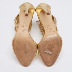 مملوكة مسبقًا Giuseppe Zanotti Gold Leather Crystal Embellished Leaf Ankle Cuff Sandals Size 40