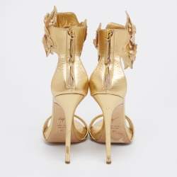 مملوكة مسبقًا Giuseppe Zanotti Gold Leather Crystal Embellished Leaf Ankle Cuff Sandals Size 40