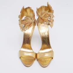 مملوكة مسبقًا Giuseppe Zanotti Gold Leather Crystal Embellished Leaf Ankle Cuff Sandals Size 40