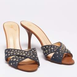 Giuseppe Zanotti Blue Denim and Tan Leather Studded Slide Sandals Size 40 