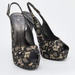Giuseppe Zanotti Black Lace Peep Toe Slingback Platform Sandals Size 38.5