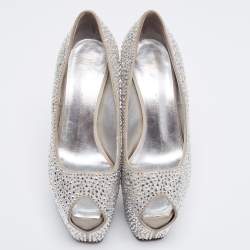 Pre Owned Giuseppe Zanotti Grey Suede Crystal Embellished Peep Toe Platform Pumps Size 36