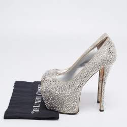 Pre Owned Giuseppe Zanotti Grey Suede Crystal Embellished Peep Toe Platform Pumps Size 36