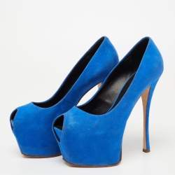 Pre Owned  Giuseppe Zanotti Blue Suede  Sharon Peep Toe Platform Pumps Size 36.5