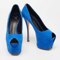 Pre Owned  Giuseppe Zanotti Blue Suede  Sharon Peep Toe Platform Pumps Size 36.5