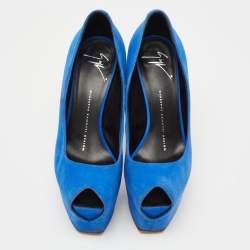 Pre Owned  Giuseppe Zanotti Blue Suede  Sharon Peep Toe Platform Pumps Size 36.5