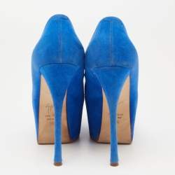 Pre Owned  Giuseppe Zanotti Blue Suede  Sharon Peep Toe Platform Pumps Size 36.5