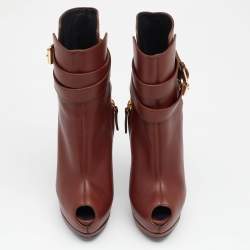 Pre Owned Giuseppe Zanotti Brown Leather Peep Toe Platform Ankle Length Boots Size 36