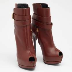 Pre Owned Giuseppe Zanotti Brown Leather Peep Toe Platform Ankle Length Boots Size 36