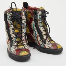 Giuseppe Zanotti Multicolor Snakeskin Embossed Leather High Toe Wedge Sneakers Size 39
