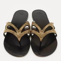Pre Owned Giuseppe Zanotti Black Studded Suede Flat Thong Slides Size 38