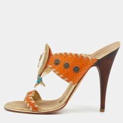 Giuseppe Zanotti Orange/Gold Python Embossed Leather Slides Sandals 37