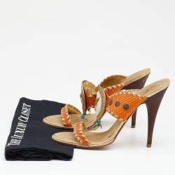 Giuseppe Zanotti Orange/Gold Python Embossed Leather Slides Sandals 37