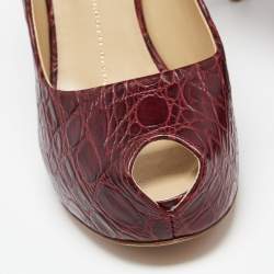 مملوكة مسبقًا Giuseppe Zanotti Burgundy Croc Embossed Leather Sharon Platform Peep Toe Pumps Size 39