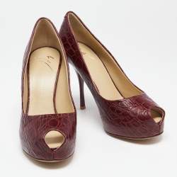 مملوكة مسبقًا Giuseppe Zanotti Burgundy Croc Embossed Leather Sharon Platform Peep Toe Pumps Size 39