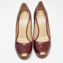مملوكة مسبقًا Giuseppe Zanotti Burgundy Croc Embossed Leather Sharon Platform Peep Toe Pumps Size 39