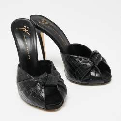 Pre Owned Giuseppe Zanotti Black Croc Embossed Leather Knotted Slide Sandals Size 38