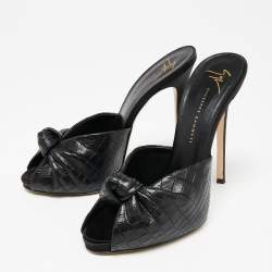 Pre Owned Giuseppe Zanotti Black Croc Embossed Leather Knotted Slide Sandals Size 38
