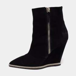 Pre Owned Giuseppe Zanotti Black Suede Jardine Chain Trim Wedge Ankle Boots Size 38