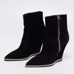 Pre Owned Giuseppe Zanotti Black Suede Jardine Chain Trim Wedge Ankle Boots Size 38