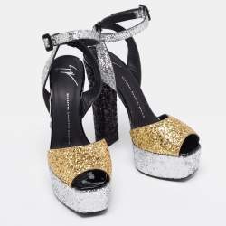 مملوكة مسبقًا Giuseppe Zanotti Tri-Color Glitter Betty Peep Toe Block Heel Platform Sandals Size 39