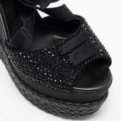 Pre Owned Giuseppe Zanotti Black Crystal Embellished Suede Espadrille Platform Wedge Ankle Tie Sandals Size 40
