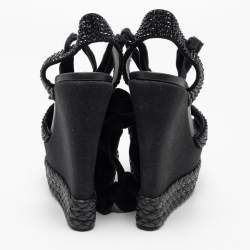 Pre Owned Giuseppe Zanotti Black Crystal Embellished Suede Espadrille Platform Wedge Ankle Tie Sandals Size 40