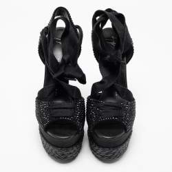Pre Owned Giuseppe Zanotti Black Crystal Embellished Suede Espadrille Platform Wedge Ankle Tie Sandals Size 40