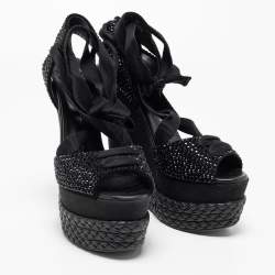 Pre Owned Giuseppe Zanotti Black Crystal Embellished Suede Espadrille Platform Wedge Ankle Tie Sandals Size 40