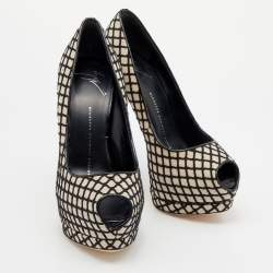 مملوكة مسبقًا حذاء كعب عالي جوسيبي زانوتي شارون سويدي أسود/بيج نعل سميك مقدمة مفتوحة مقاس 37.5