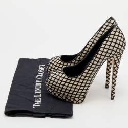 مملوكة مسبقًا حذاء كعب عالي جوسيبي زانوتي شارون سويدي أسود/بيج نعل سميك مقدمة مفتوحة مقاس 37.5