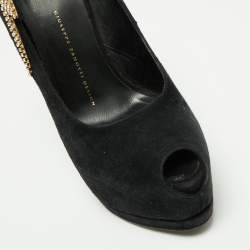 Giuseppe Zanotti Black Suede Crystal Embellished Peep Toe Pumps Size 39