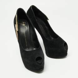 Giuseppe Zanotti Black Suede Crystal Embellished Peep Toe Pumps Size 39