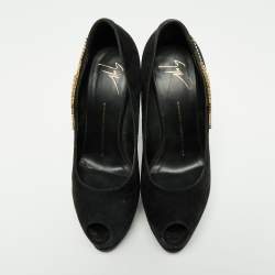 Giuseppe Zanotti Black Suede Crystal Embellished Peep Toe Pumps Size 39