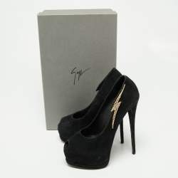 Giuseppe Zanotti Black Suede Crystal Embellished Peep Toe Pumps Size 39