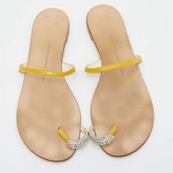 Pre Owned Giuseppe Zanotti Yellow Leather Embellished Toe Ring Flats Size 38.5