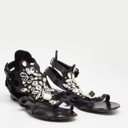 مملوكة مسبقًا Giuseppe Zanotti Black Leather Crystal Embellished Ankle Strap Flat Sandals Size 38