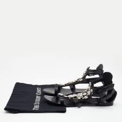 مملوكة مسبقًا Giuseppe Zanotti Black Leather Crystal Embellished Ankle Strap Flat Sandals Size 38
