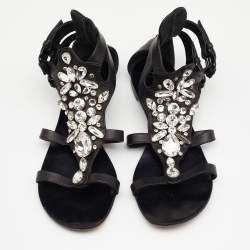 مملوكة مسبقًا Giuseppe Zanotti Black Leather Crystal Embellished Ankle Strap Flat Sandals Size 38