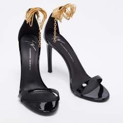 Pre Owned Giuseppe Zanotti Black Patent Leather Kay Ankle Strap Sandals Size 38