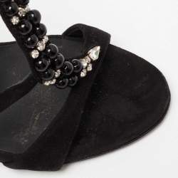 Giuseppe Zanotti Black Suede Crystal Embellished T-Strap Sandals Size 39