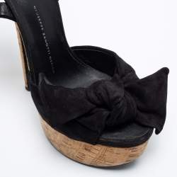 Pre Owned Giuseppe Zanotti Black Suede Denny Cork Platform Bow Ankle Strap Sandals Size 40