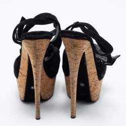 Pre Owned Giuseppe Zanotti Black Suede Denny Cork Platform Bow Ankle Strap Sandals Size 40