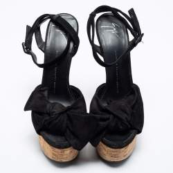 Pre Owned Giuseppe Zanotti Black Suede Denny Cork Platform Bow Ankle Strap Sandals Size 40