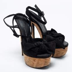 Pre Owned Giuseppe Zanotti Black Suede Denny Cork Platform Bow Ankle Strap Sandals Size 40
