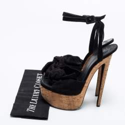 Pre Owned Giuseppe Zanotti Black Suede Denny Cork Platform Bow Ankle Strap Sandals Size 40